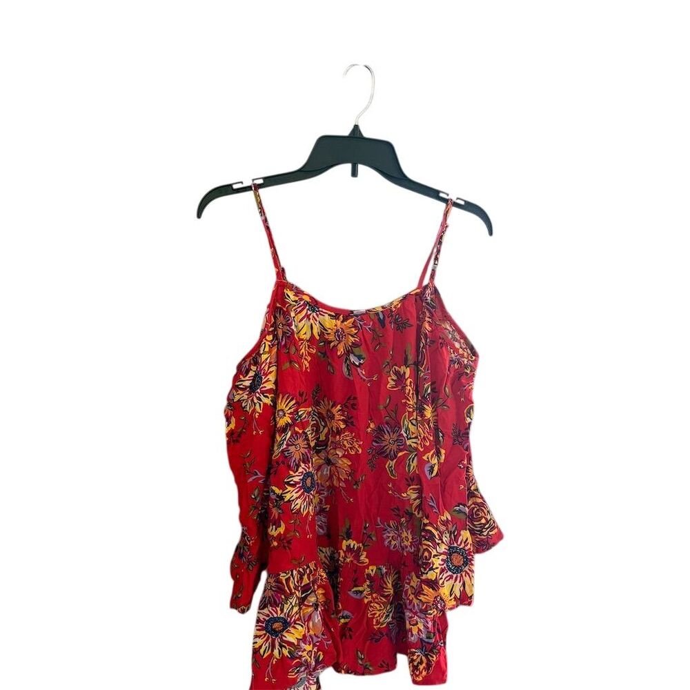Beachlunchlounge Red Floral Cold Shoulder Tiered‎ Ruffle Top Viscose Small